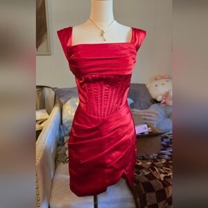 Red Satin Corset Prom Dress with Draped Skirt
